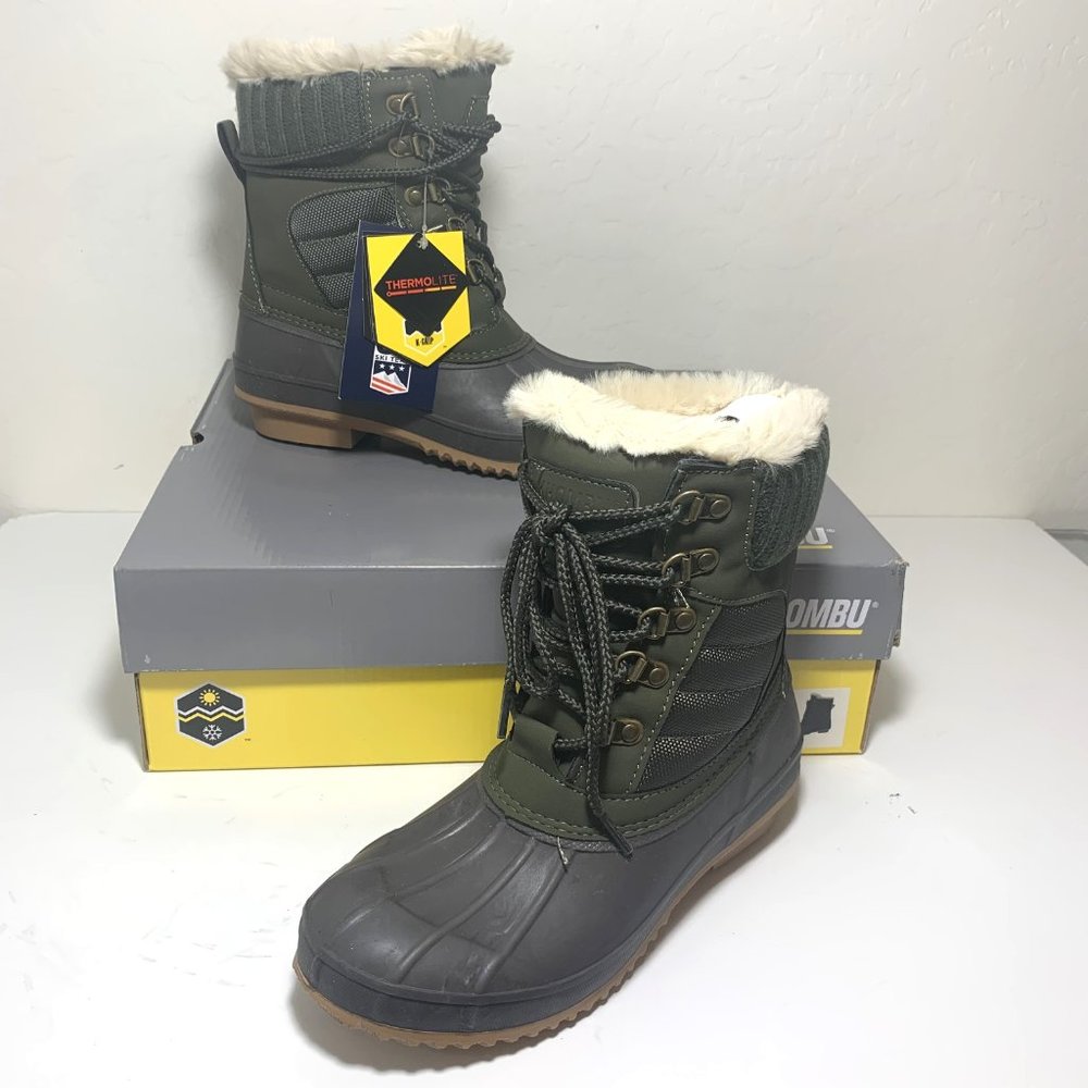 Khombu Kathleen Duck Boots Lace Up Faux Fur Booties Olive Green Size 7 NEW